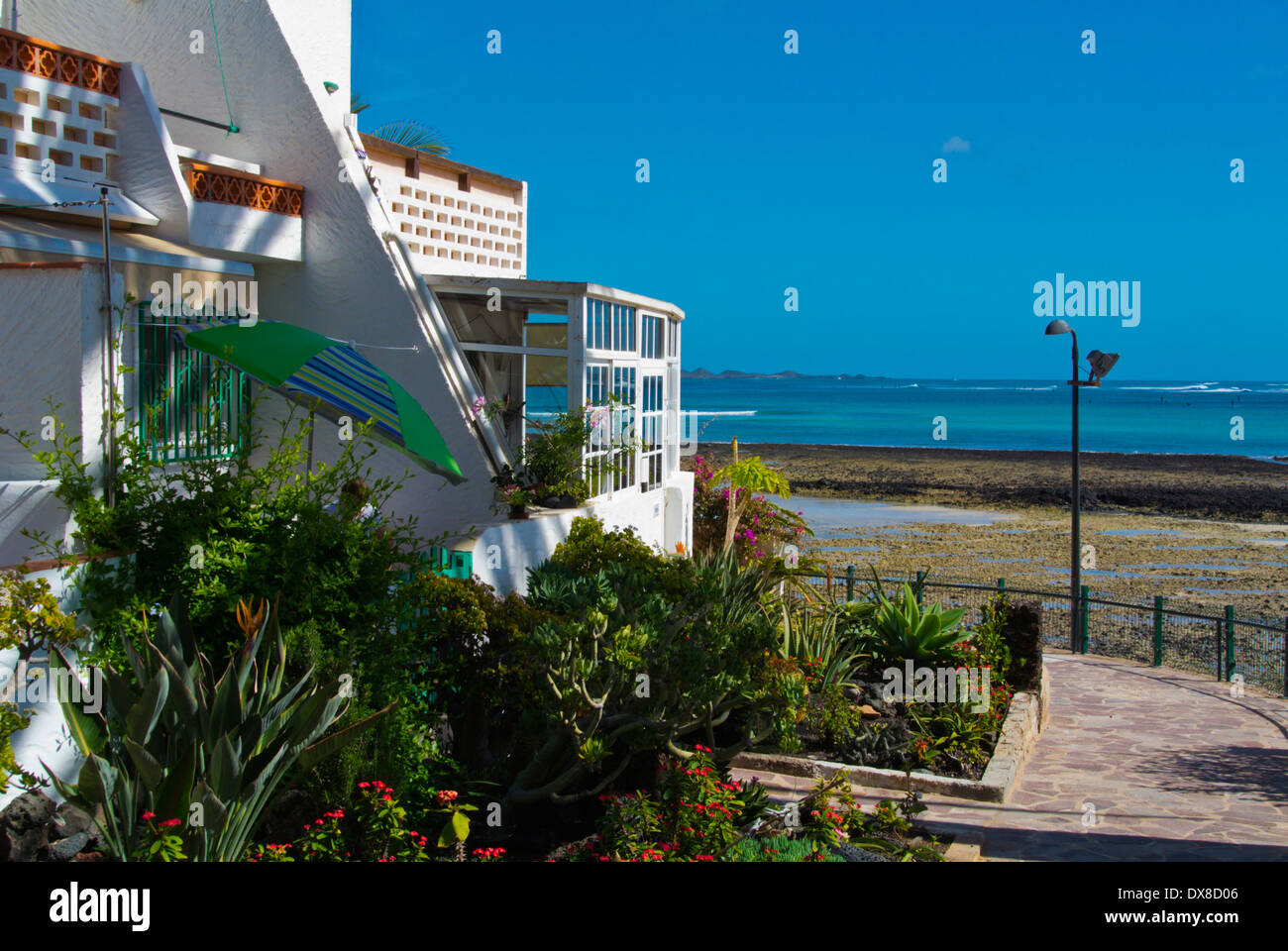 Holiday accommodation by beach, Corralejo, Fuerteventura, Canary Islands, Spain, Europe Stock Photo