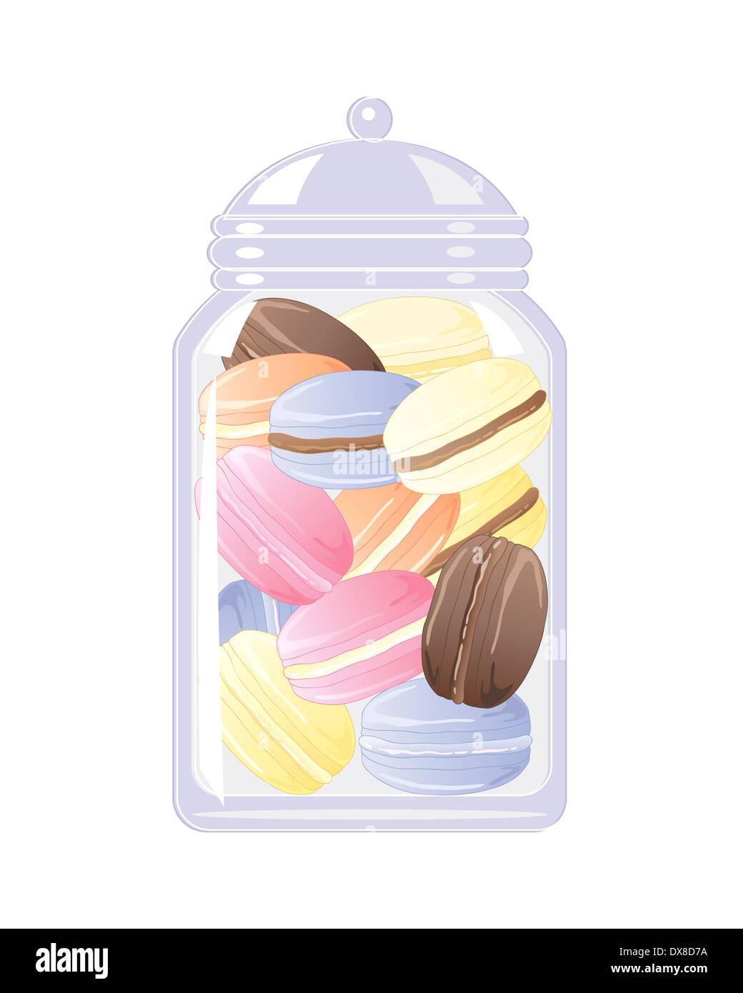 an illustration of a glass biscuit jar full of delicious colorful macaroons on a white background Stock Photo