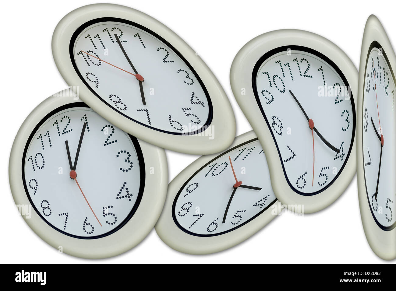 Five white clocks dancing time passing by Stock Photo Alamy