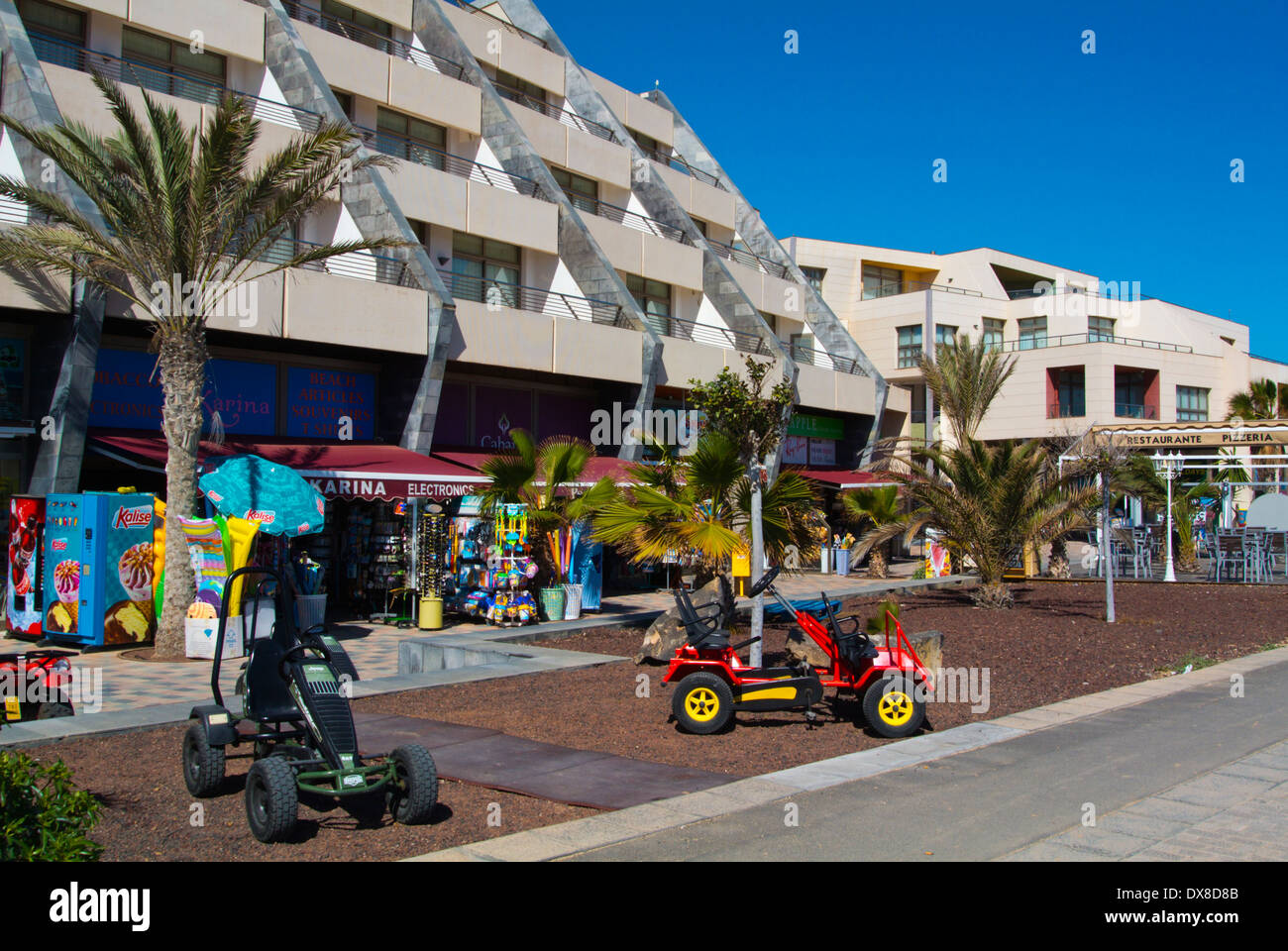 Hotel Geranios complex with cafes and shops, Caleta de Fuste, Fuerteventura, Canary Islands, Spain, Europe Stock Photo