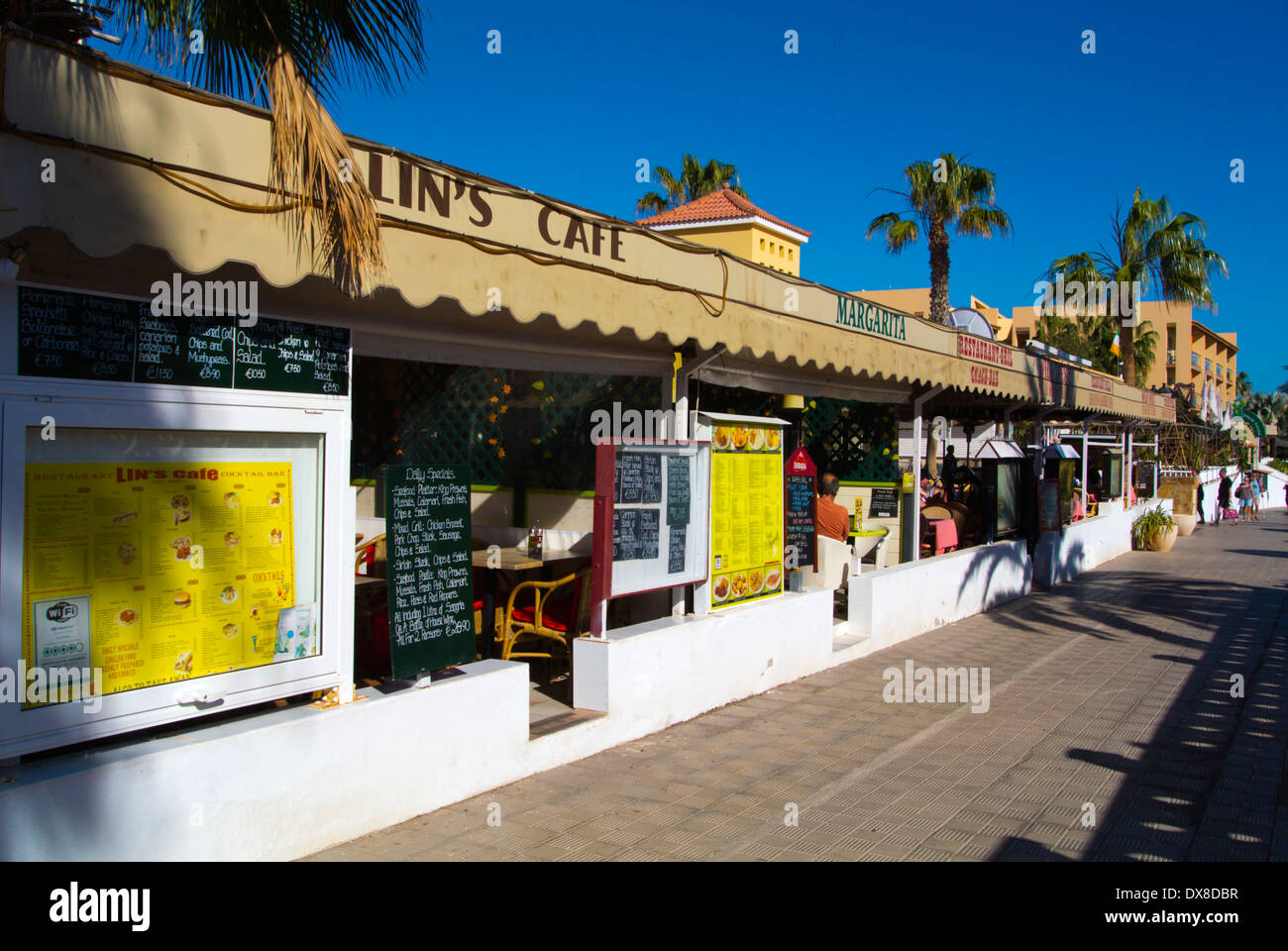 Restaurants, White Center, Caleta de Fuste, Fuerteventura, Canary Islands,  Spain, Europe Stock Photo - Alamy