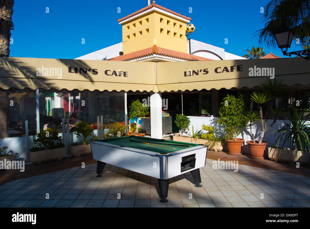 Bar with outdoor pool billiards table, White Center shopping and entertainment complex, Caleta de Fuste, Fuerteventura, Canaries Stock Photo