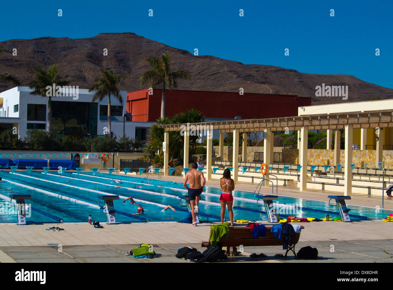 Olympic size swimming pool, Playitas Aparthotel grounds, Las Playitas, Fuerteventura, Canary Islands, Spain, Europe Stock Photo