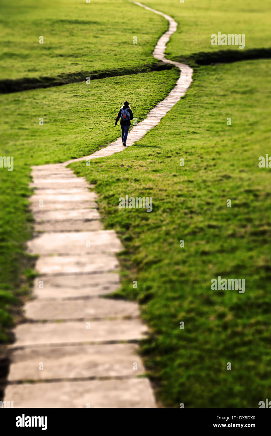 Woman walking on a long flagstone pathway snaking through a grassy field in the Yorkshire Dales, England, UK. Stock Photo