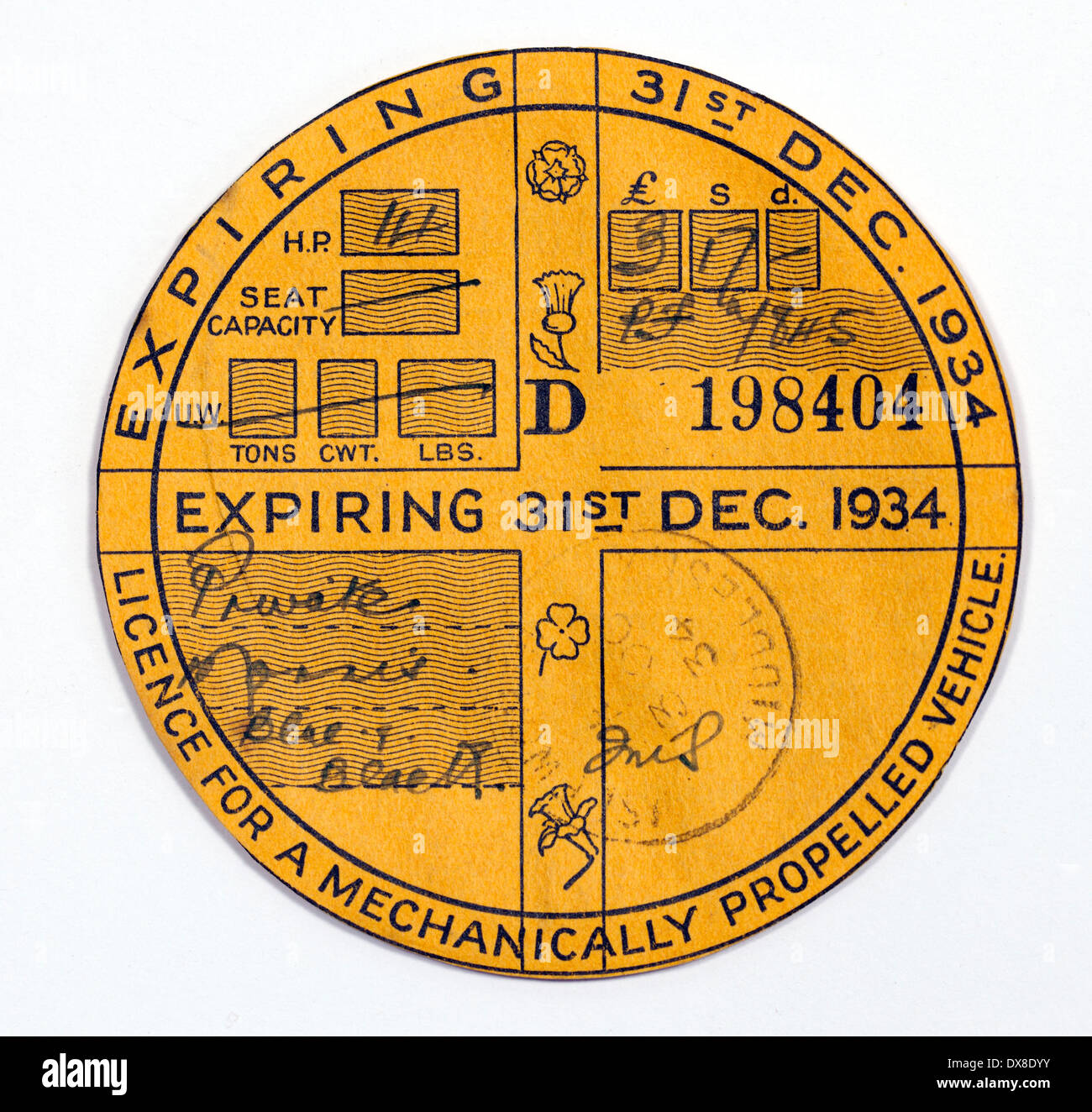 Dec 1934 tax disc Stock Photo
