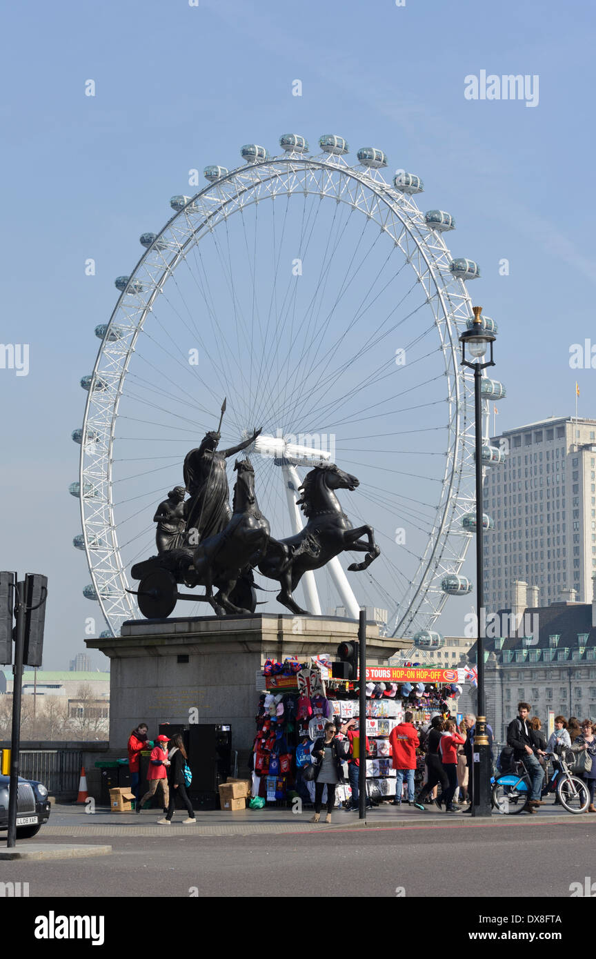 Statue of Queen Boudica in a Chariot pulled by horses on Westminster bridge, London, England, United Kingdom. Stock Photo