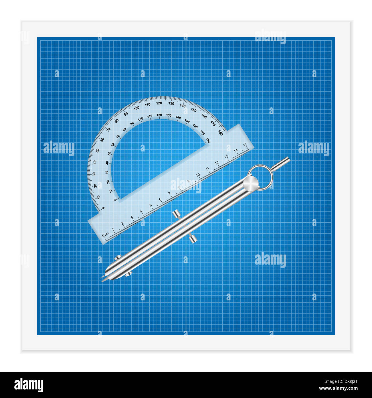 Blueprint and ruler instruments on a white background Stock Photo - Alamy