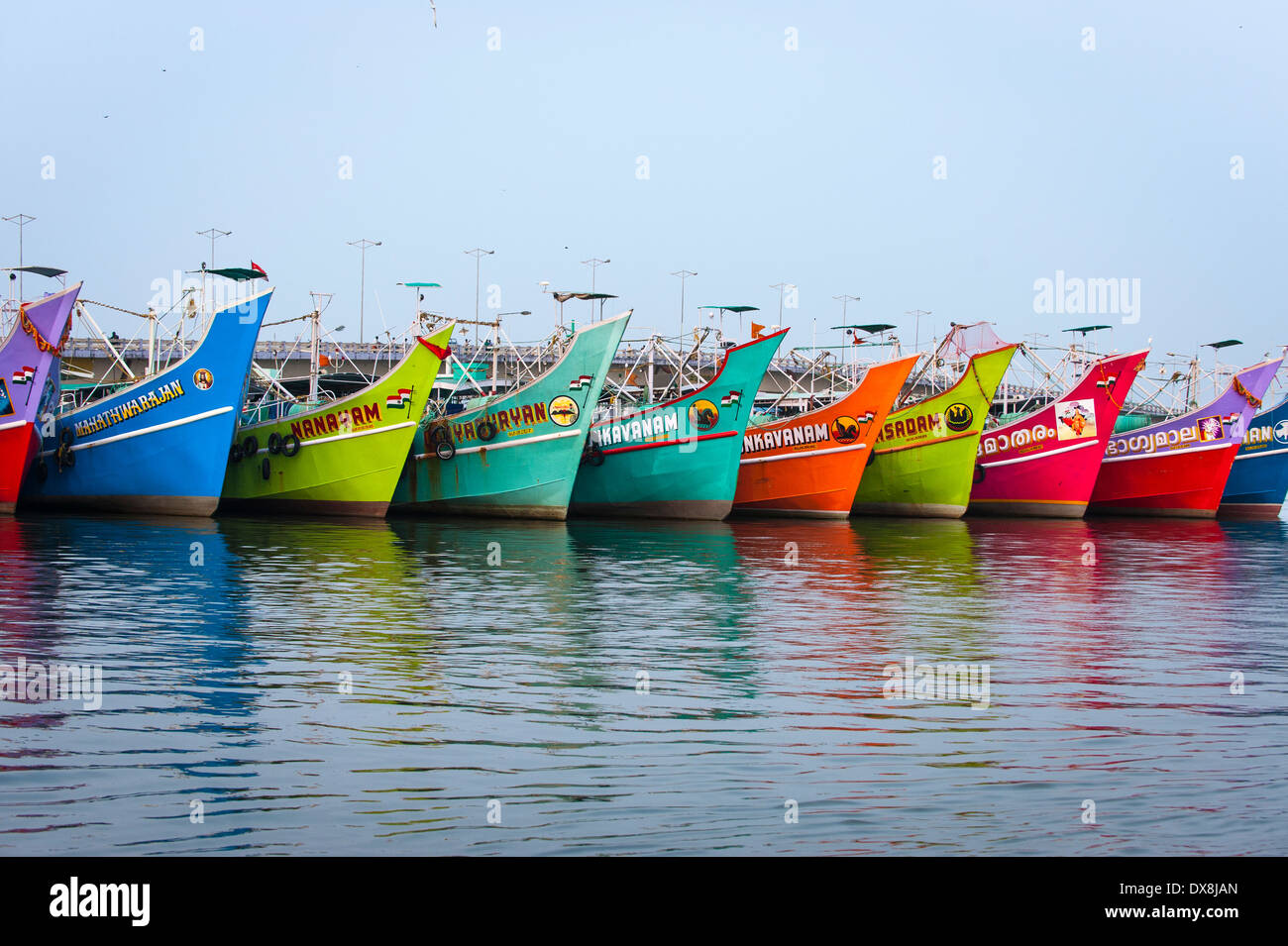 South Southern India Kerala Cochin Kochi Arabian Sea Vembanad Lake coloured colored colourful colorful fishing boats moored Stock Photo