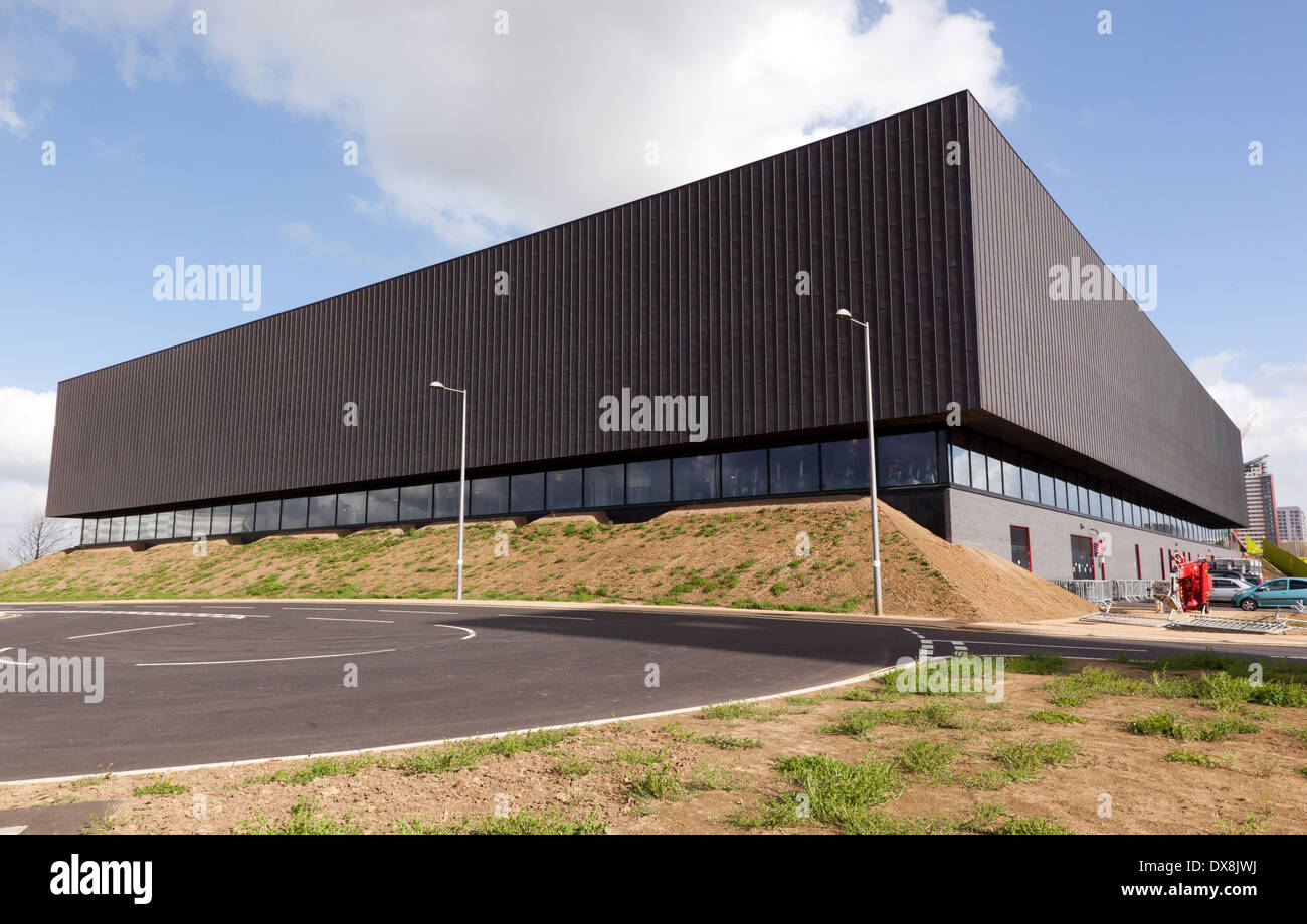 Wide-angle view of the Copper Box Arena, in  the Queen Elizabeth Olympic Park,  Stratford, London. Stock Photo