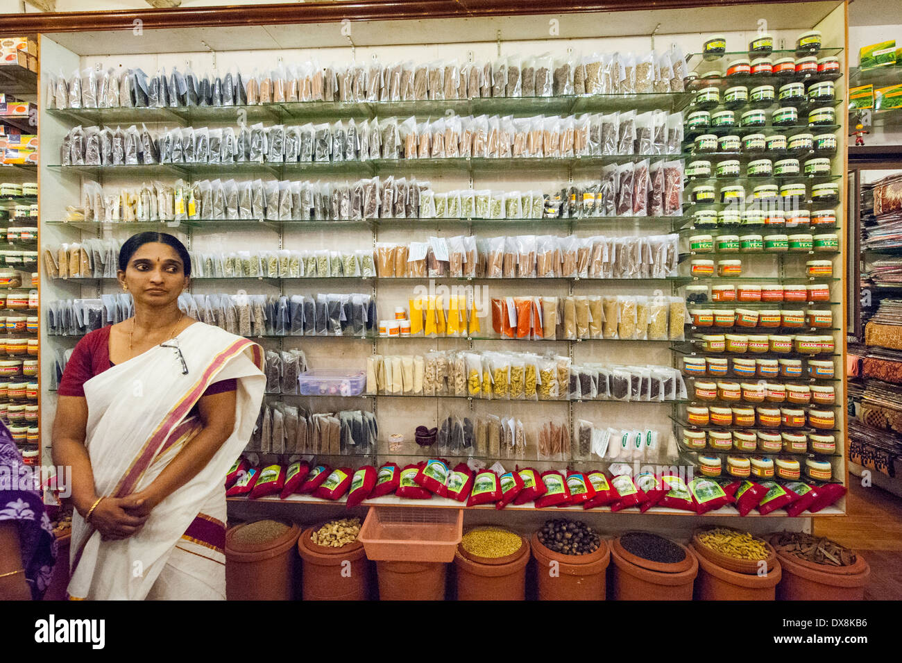 South Southern India Kerala Cochin Kochi Jew Town women's co-operative Spice Market shop store spice tea display shelves vendor Stock Photo