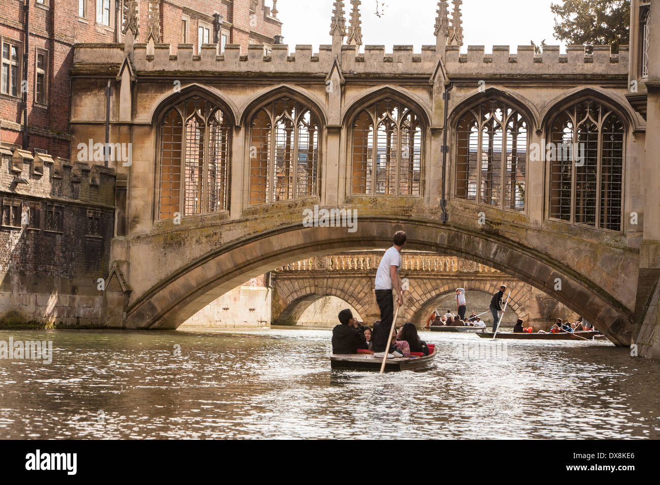 Punting on the River Cam in Cambridge, UK by the Bridge of Sighs Stock Photo