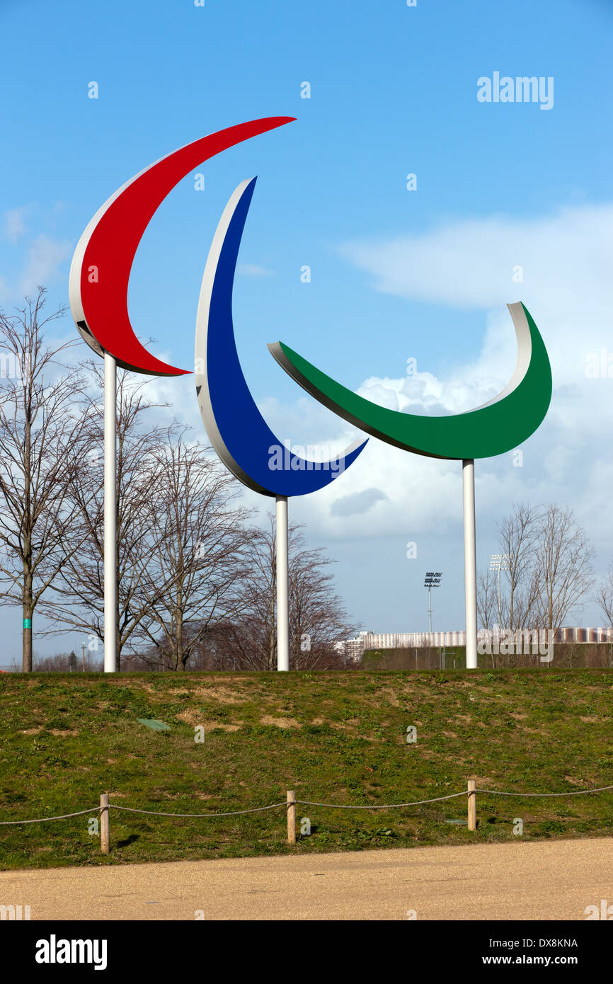 view of the Paralympic symbol used for London 2012 in the Queen Elizabeth Olympic Park,  Stratford, London. Stock Photo