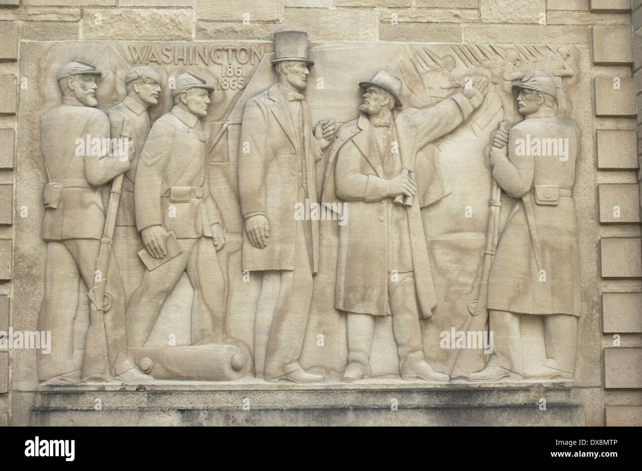 Lincoln as President in Washington DC, limestone bas-relief at the Lincoln Boyhood National Memorial, Indiana. Digital photograph Stock Photo