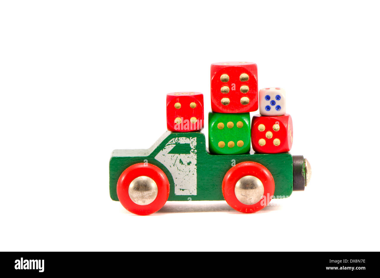 retro car toy and colorful dice isolated on white Stock Photo Alamy