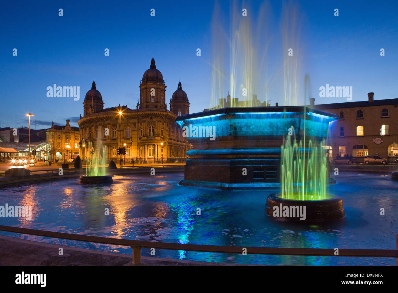 The Queens Gardens water fountain and the Maritime Museum in Hull