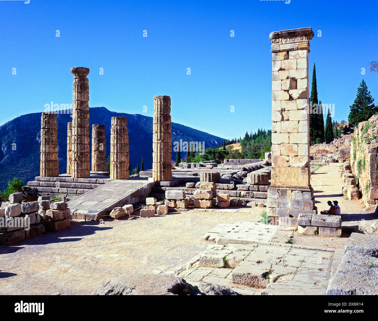the Temple of Apollo ruins at ancient Delphi Sterea Ellada Greece Stock Photo