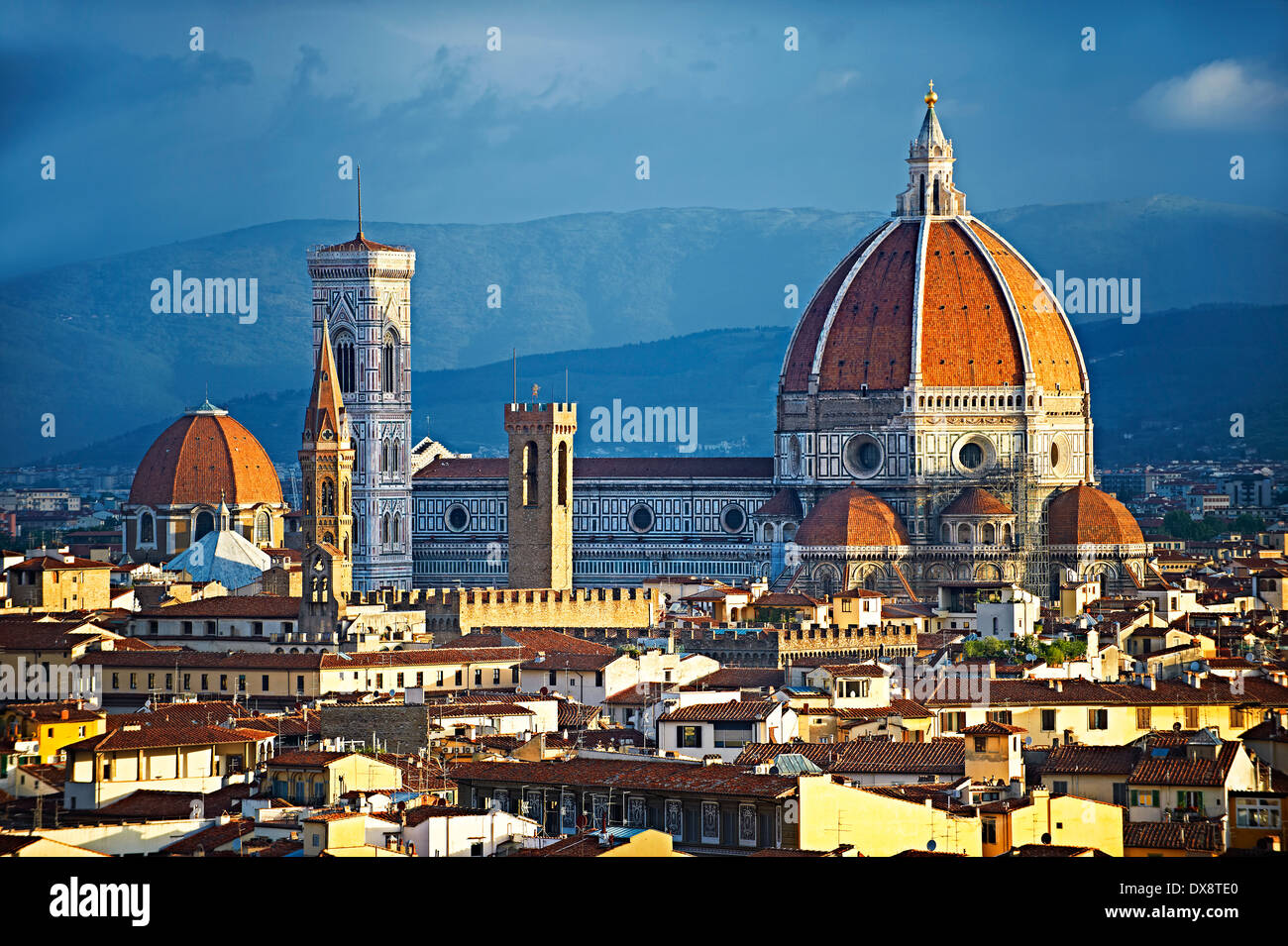 Roof top view of the belll tower and dome of the Florence Duomo Cathedral,  Basilica of Saint Mary of the Flower, Florence Italy Stock Photo