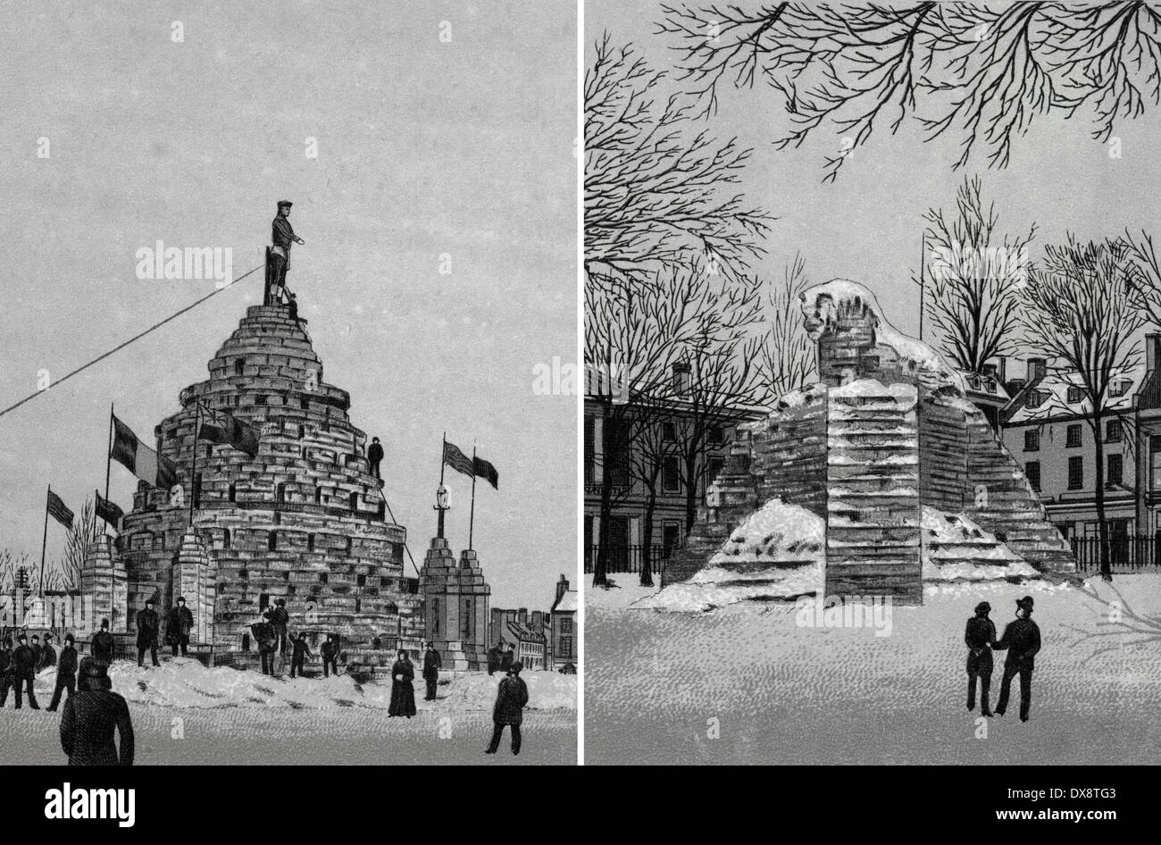 Circa 1885 views from the 1885 Montreal Winter Carnival in Montreal, Quebec, Canada: Ice Condora (left) and Ice Lion (right). Printed in an antique souvenir album using the Glaser/Frey lithographic process. Stock Photo