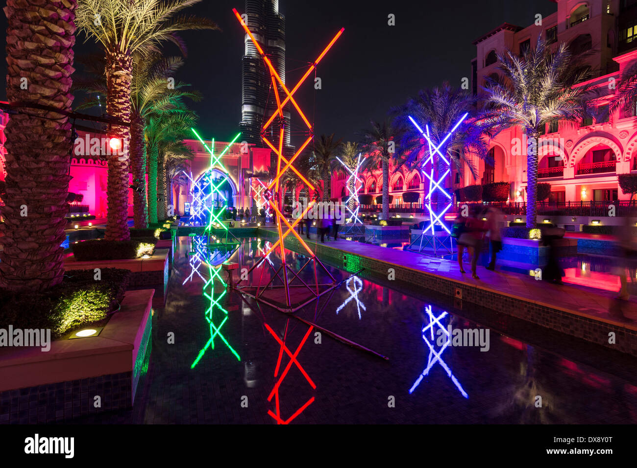 Dubai, United Arab Emirates 20 March  2014; Mikado light sculpture by Edouard Levine illuminating Souk al Bahar at opening night of the inaugural Dubai Festival of Lights held in Downtown area with many light and video based works of art Credit:  Iain Masterton/Alamy Live News Stock Photo