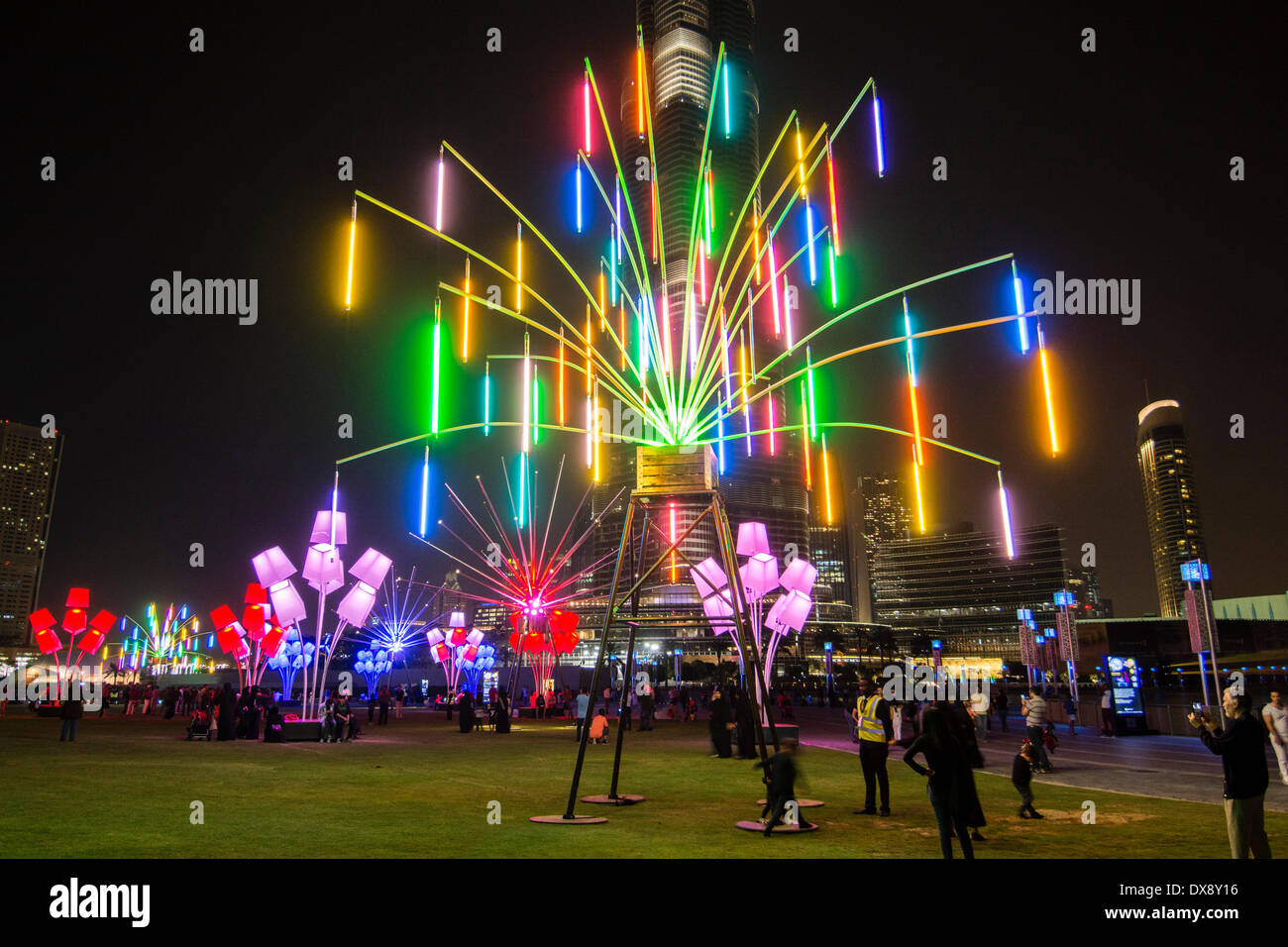 Dubai, United Arab Emirates 2014; Ombrellum light sculptures by Tilt studio at opening night of the inaugural Dubai Festival of Lights held in Downtown area with many light and video based works of art Credit:  Iain Masterton/Alamy Live News Stock Photo