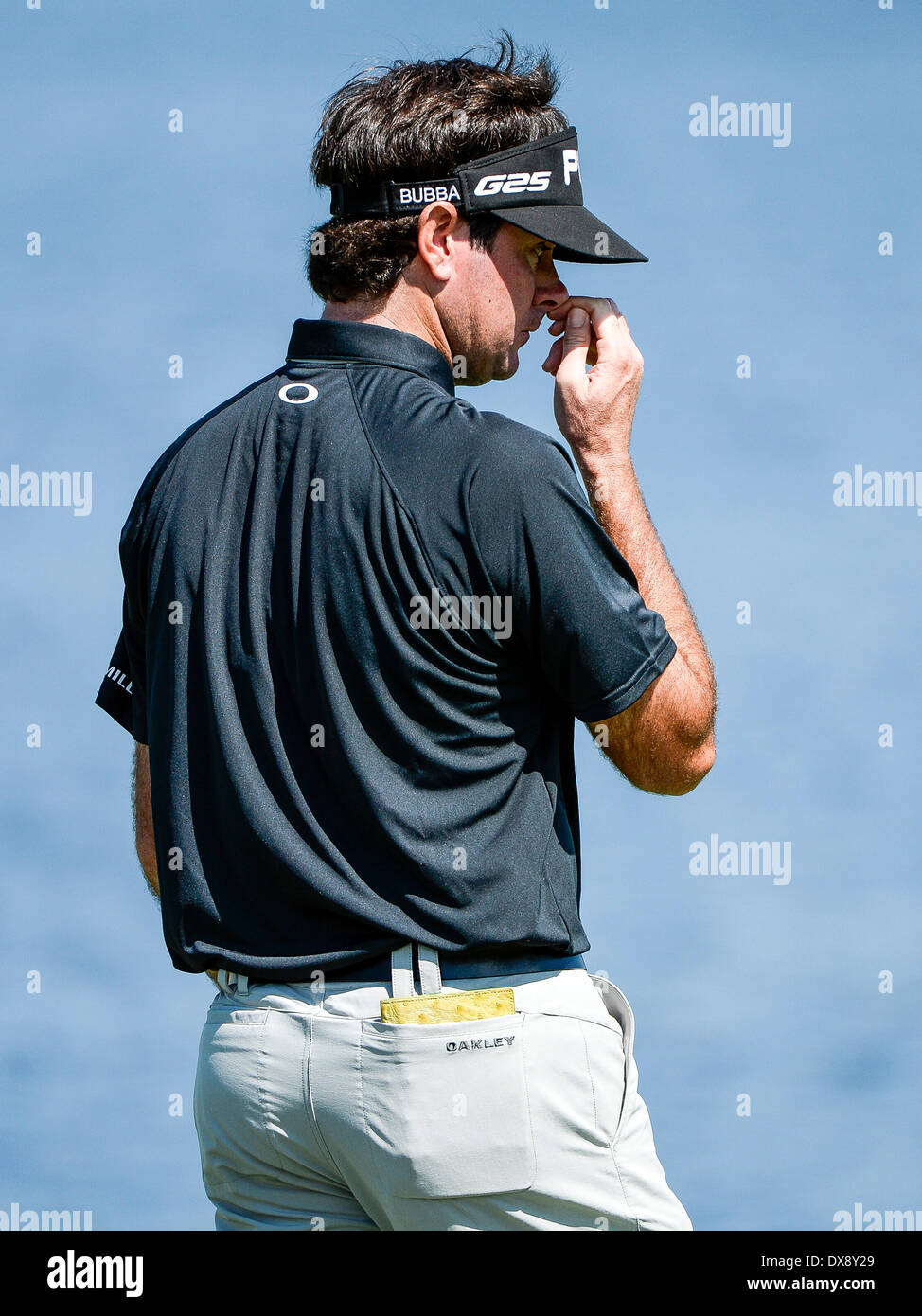 Orlando, Florida, USA. 20th March 2014. Bubba Watson reacts after scoring an 11 on the par 5 6th green after hitting 2 tee shots into the water during first round golf action of the Arnold Palmer Invitational presented by Mastercard held at Arnold Palmer's Bay Hill Club & Lodge in Orlando, FL Credit:  Cal Sport Media/Alamy Live News Stock Photo
