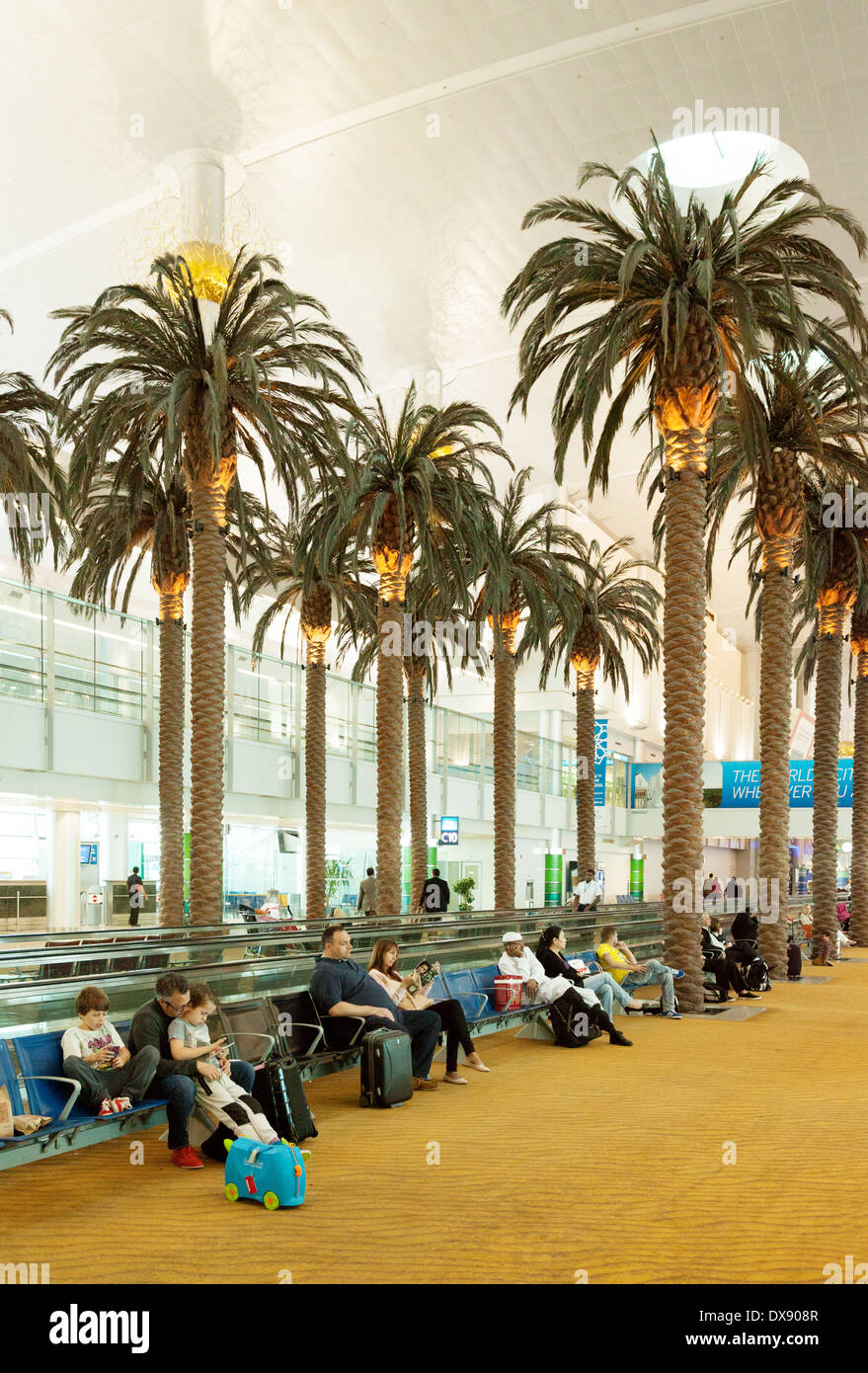 Artificial palm trees in Dubai airport terminal interior, Dubai, UAE, United Arab Emirates Middle East Stock Photo