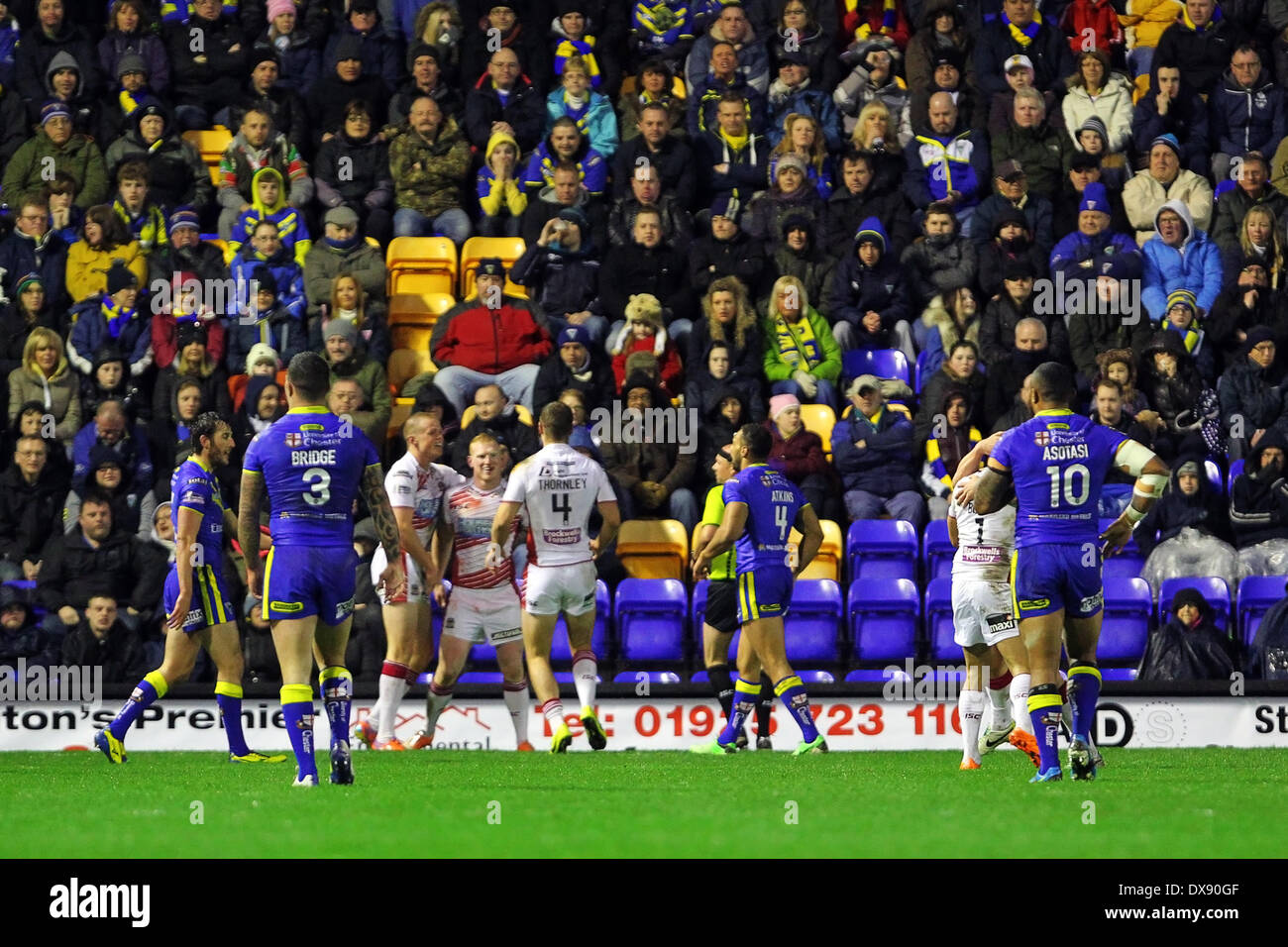 Warrington, UK. 20th Mar, 2014. Liam Farrell of Wigan Warriors celebrates his try during the Super League game between Warrington Wolves v Wigan Warriors at the Halliwell Jones Stadium. Credit:  Action Plus Sports/Alamy Live News Stock Photo