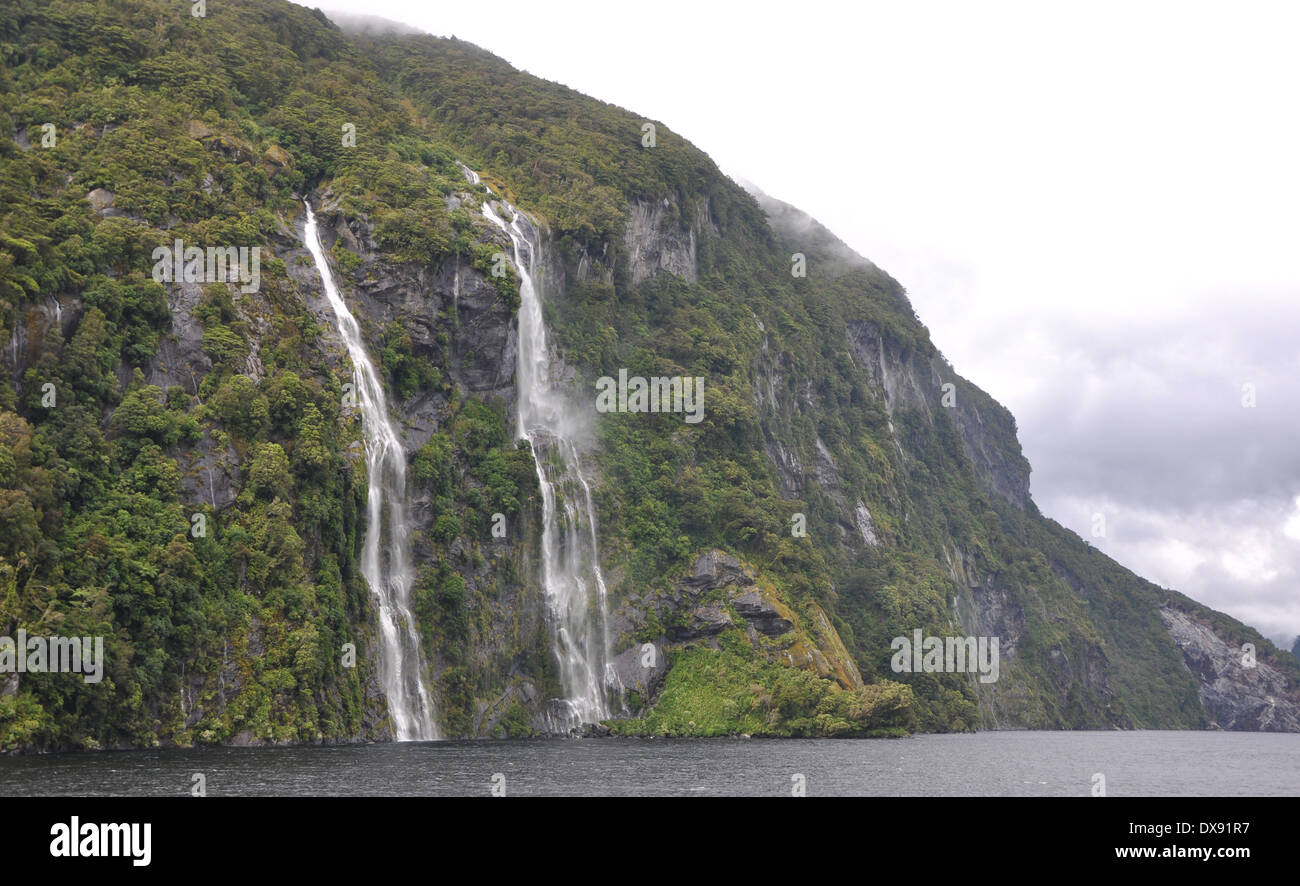 Doubtful Sound waterfalls New Zealand Stock Photo