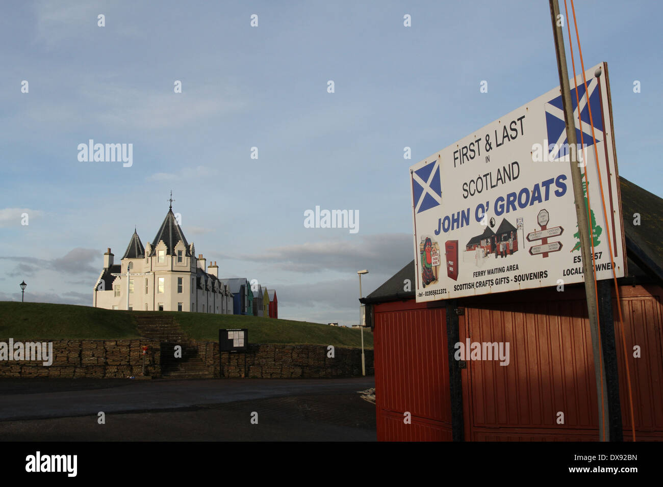 First and Last sign and The Inn at John O’Groats Scotland  March 2014 Stock Photo