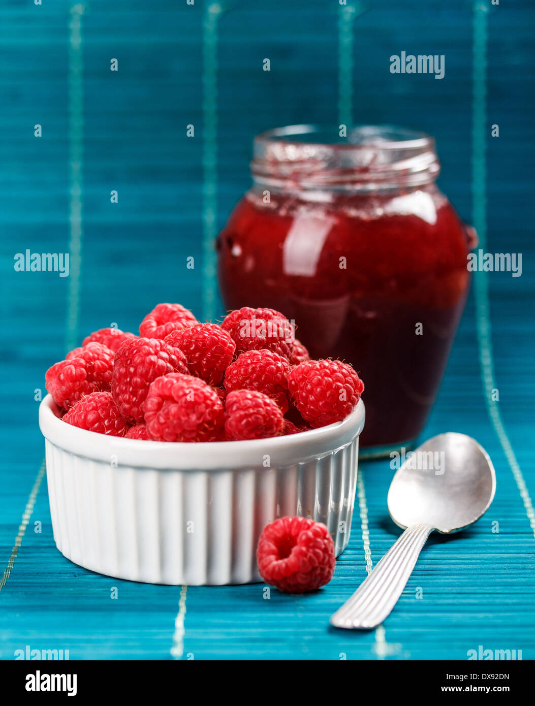 Raspberry and homemade jam in jar Stock Photo