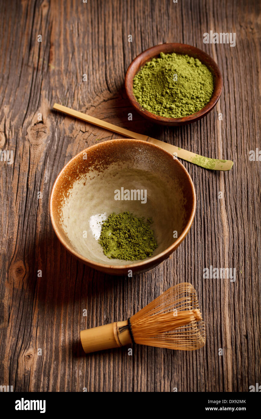 Matcha tea in ceramic bowl Stock Photo