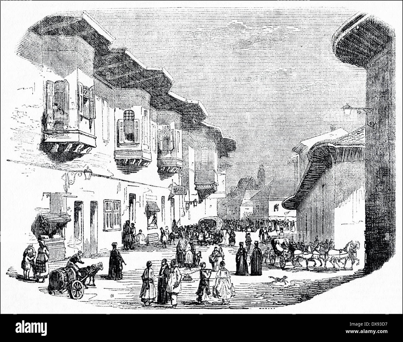 Street view of 19th century of Bucharest, Wallachia in what is now Romania. Victorian engraving circa 1854 Stock Photo