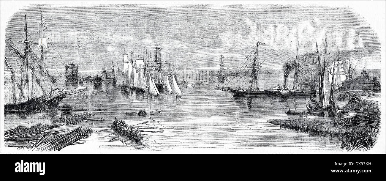Sailing ships on the mouth of the River Danube at Sulina, Wallachia in what is now Romania. Victorian engraving circa 1854 Stock Photo