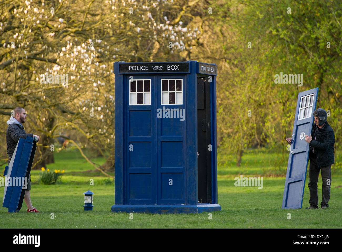 Two members of crew build the TARDIS on the set of Doctor Who in Bute ...
