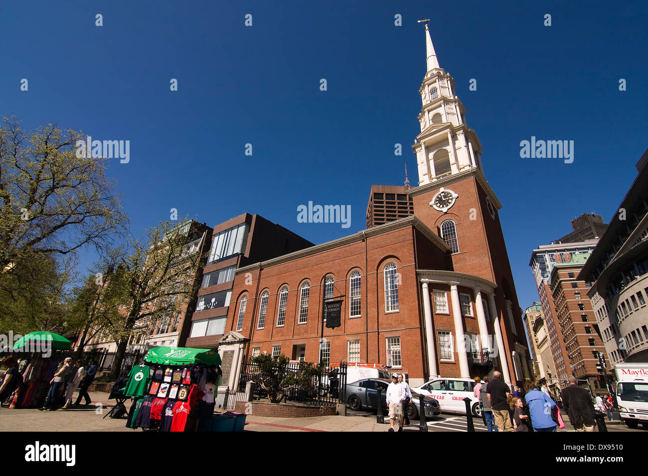 Park Street Church on the corner of Park St. and Tremont St. as seen from inside Boston Common in Boston Massachusetts Stock Photo