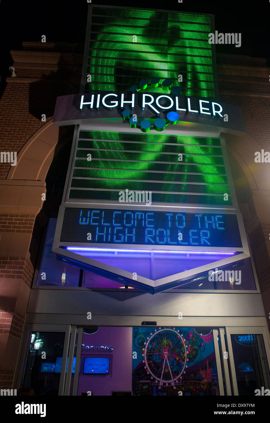 The entrance sign to the High Roller at the center of the Las Vegas Strip Stock Photo
