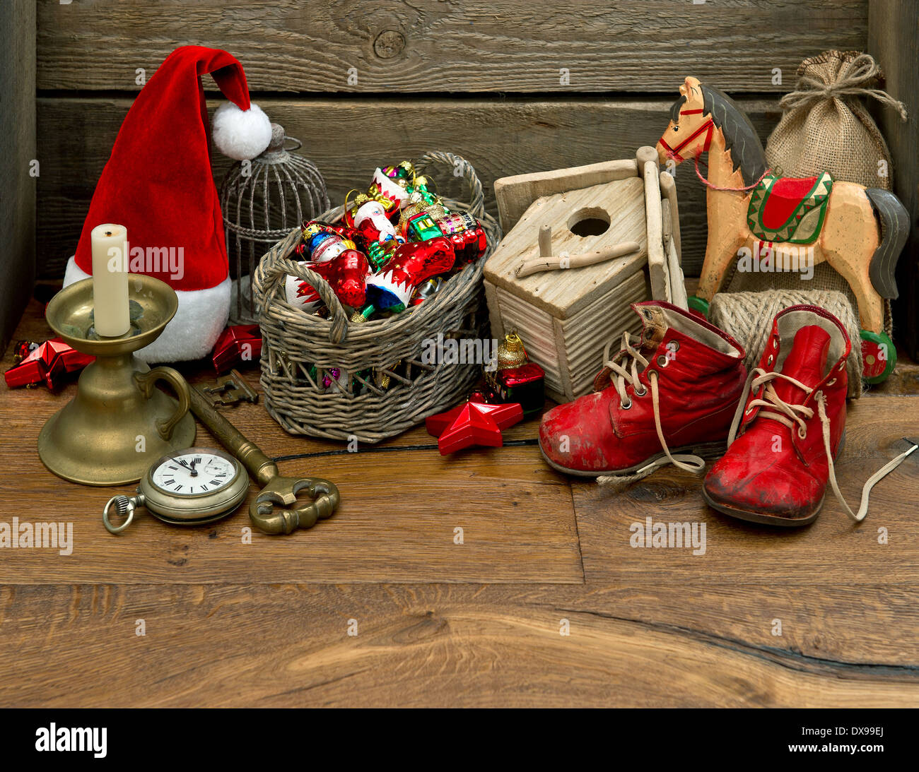 antique nostalgic christmas toys decoration over wooden background Stock Photo