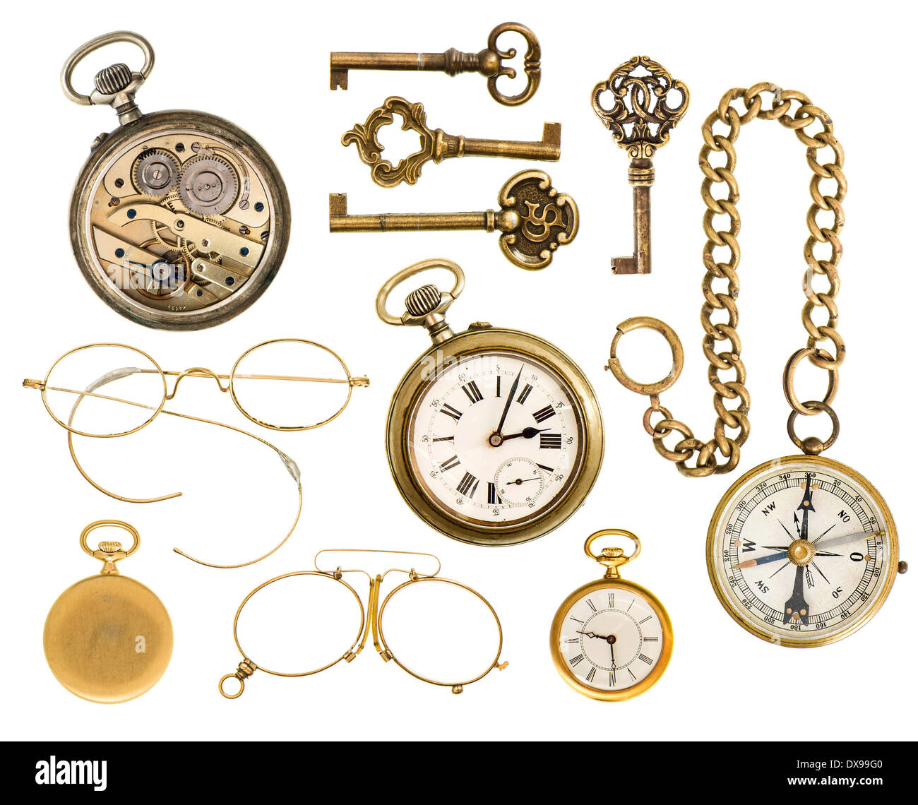 set of golden vintage collectible accessories. antique keys, clock, compass, glasses isolated on white background Stock Photo