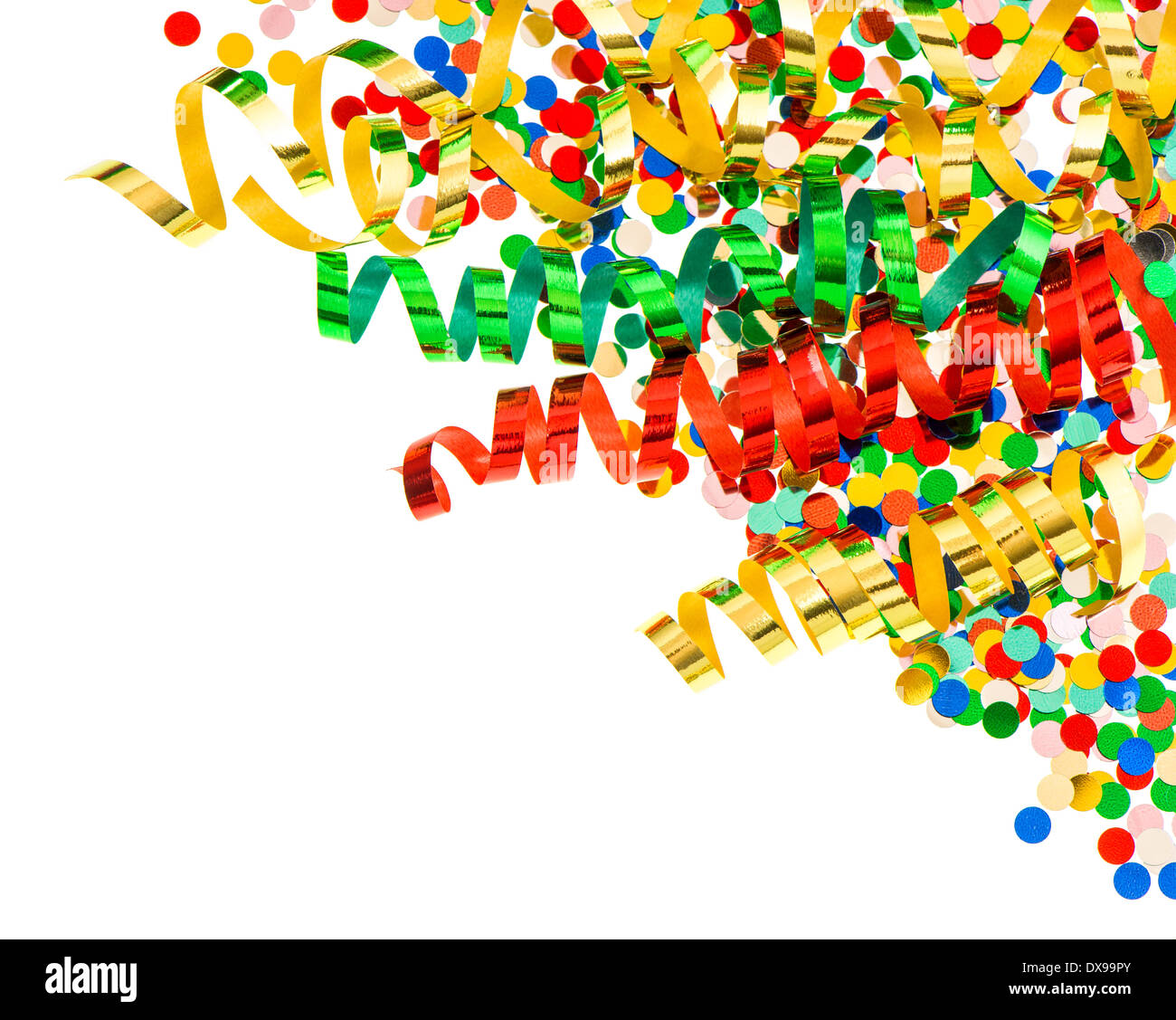 assorted confetti with shiny colorful streamer on white background. party decoration Stock Photo