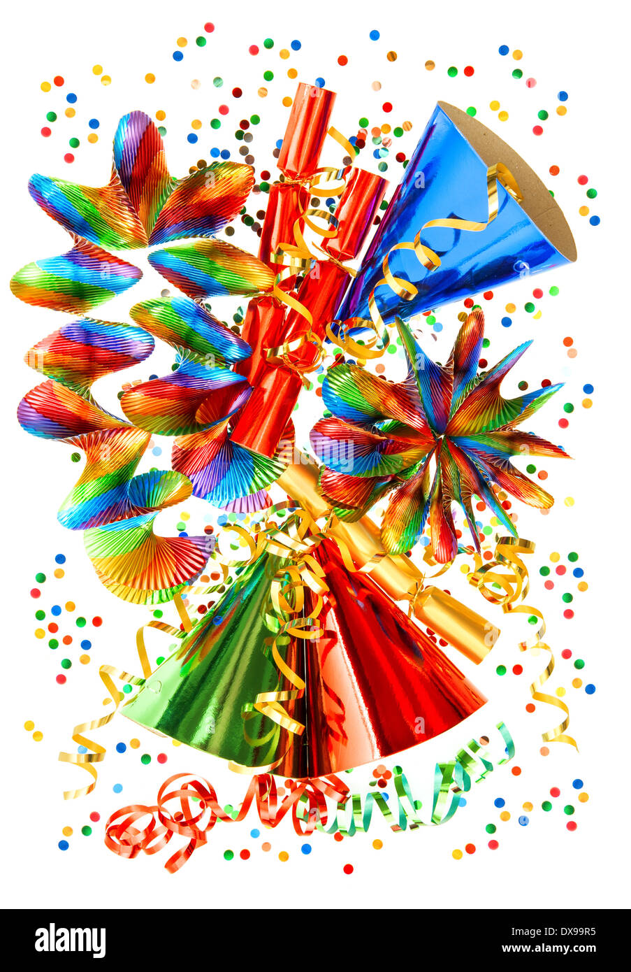 colorful background with garlands, streamer, cracker, party hats and confetti. festive carnival, new year or birthday decoration Stock Photo