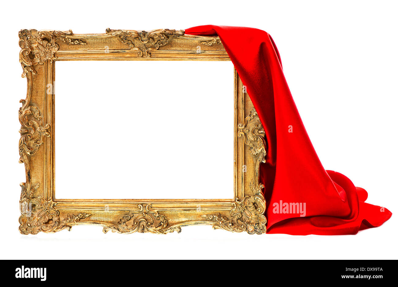 golden wooden frame with red silk decoration isolated on white background Stock Photo