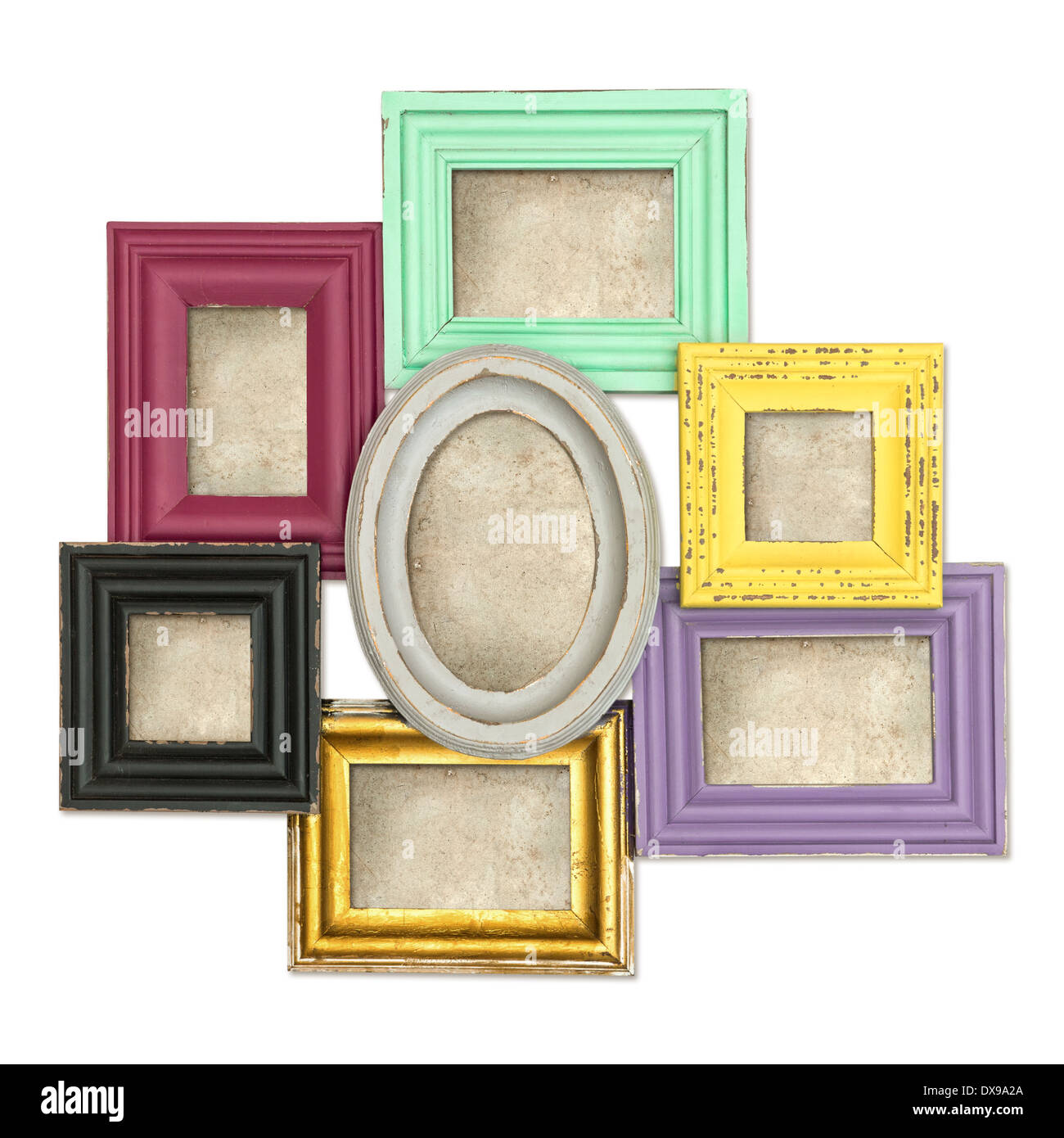 vintage style rustic framework with grungy canvas isolated on white background. multicolor frames for photo and picture. shabby Stock Photo