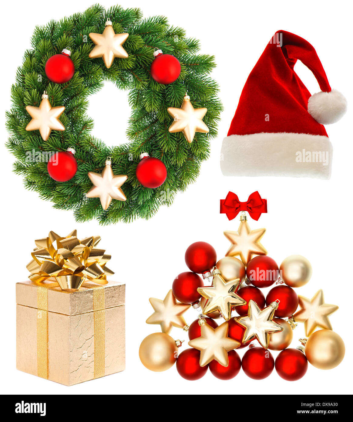 Christmas collection isolated on white background. Decoration items. Santa hat, gifts, baubles, wreath Stock Photo