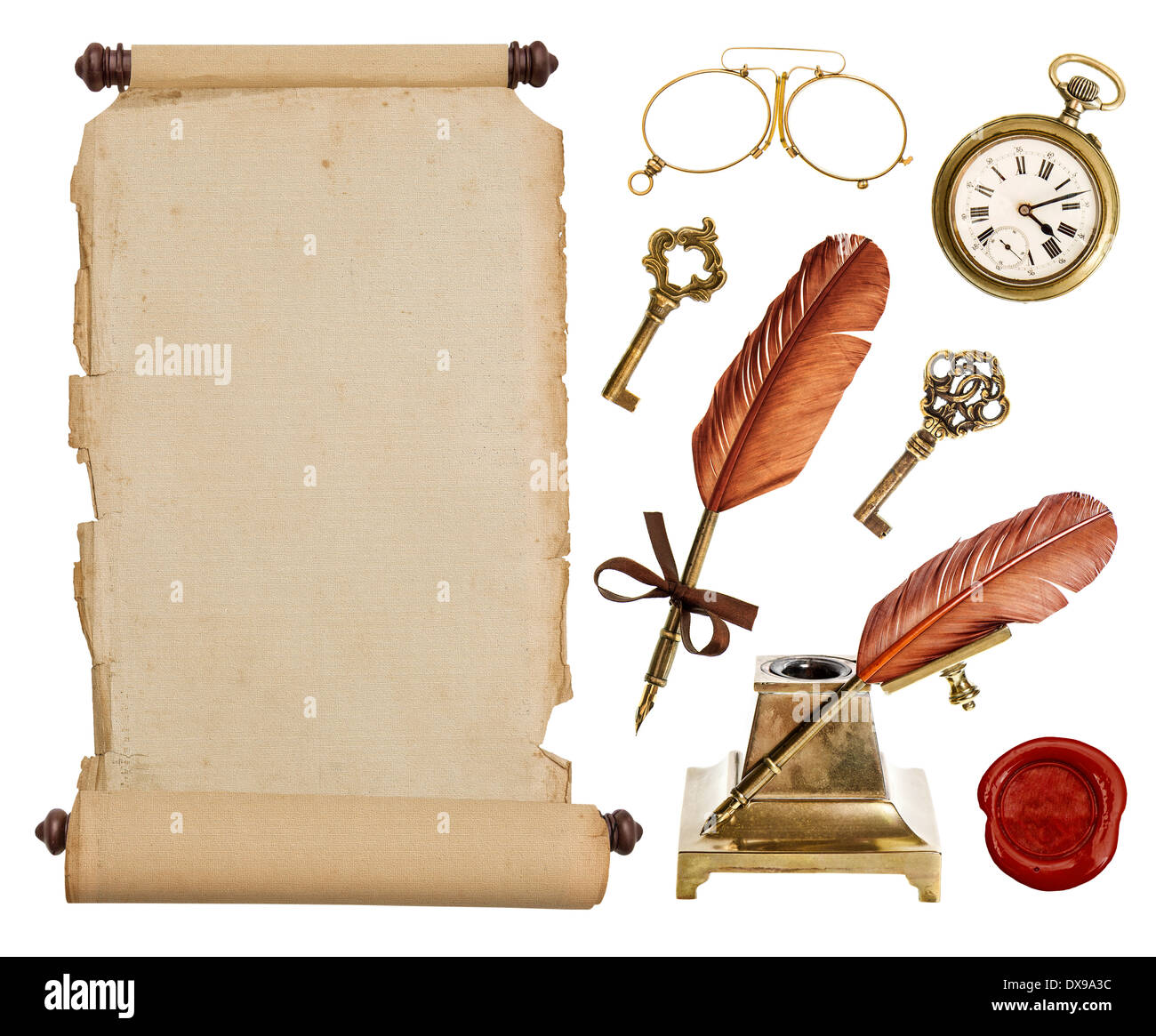 Old vintage paper scroll and antique accessories isolated on white background. Stock Photo