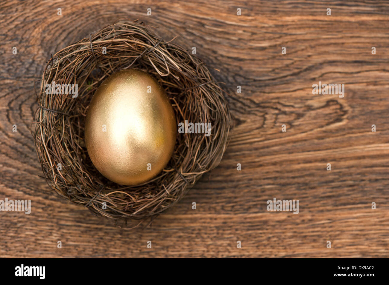 golden easter egg in nest on vintage wooden background Stock Photo