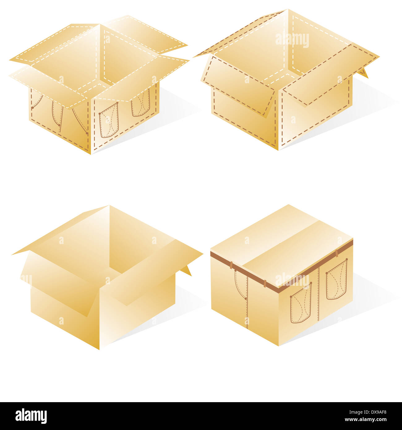 boxes, cardboard for jeans or pants packing, set with denim lines style, closed, vector Stock