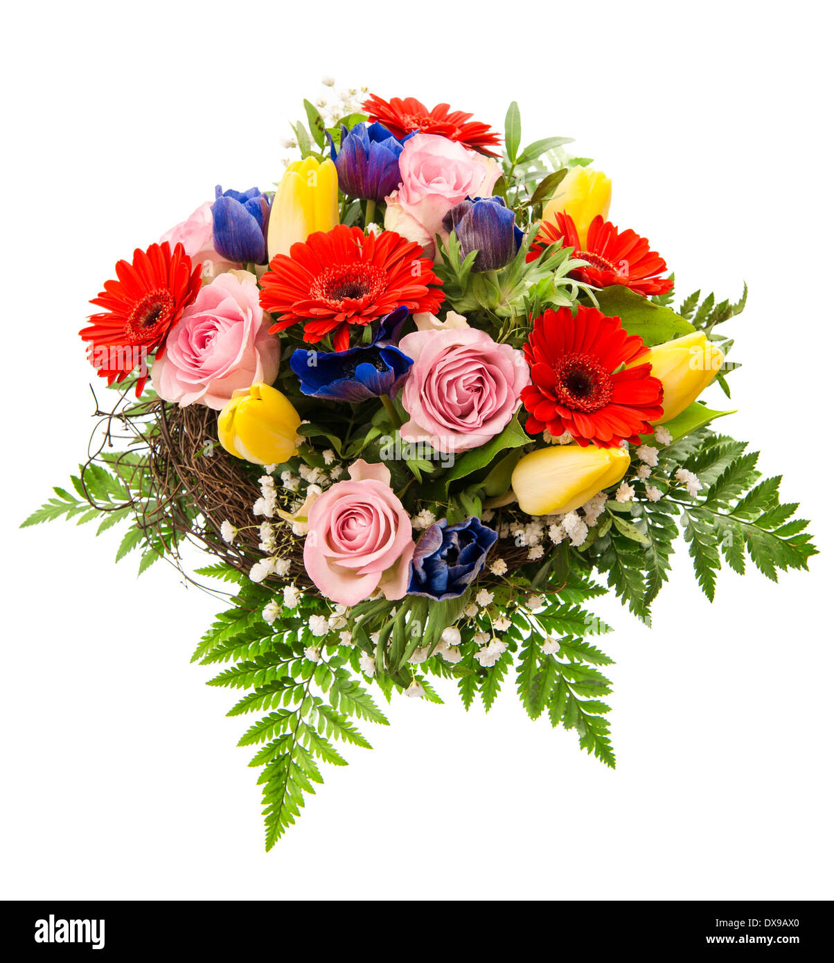 closeup of colorful spring flowers bouquet isolated on white background ...