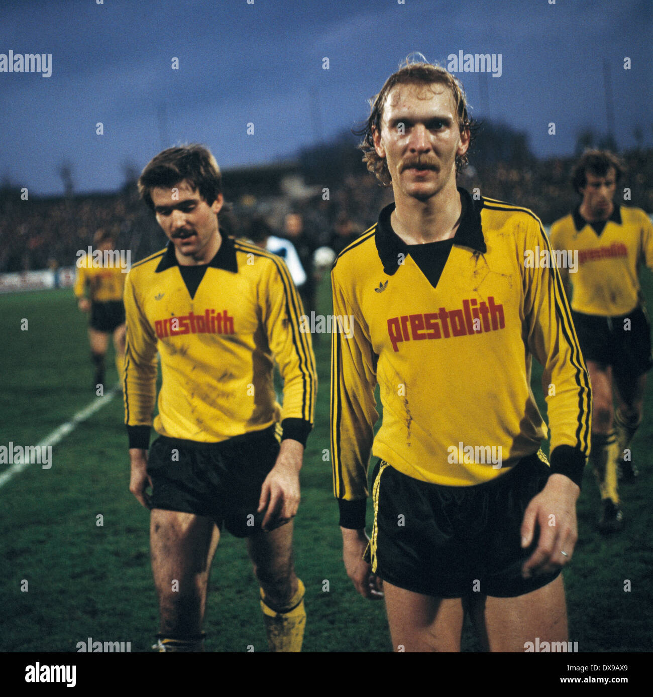 football, Bundesliga, 1979/1980, Wedau Stadium, MSV Duisburg versus Borussia Dortmund 1:0, halftime break, leaving, Miroslav Votava (BVB) left and Hans-Joachim Wagner (BVB) Stock Photo