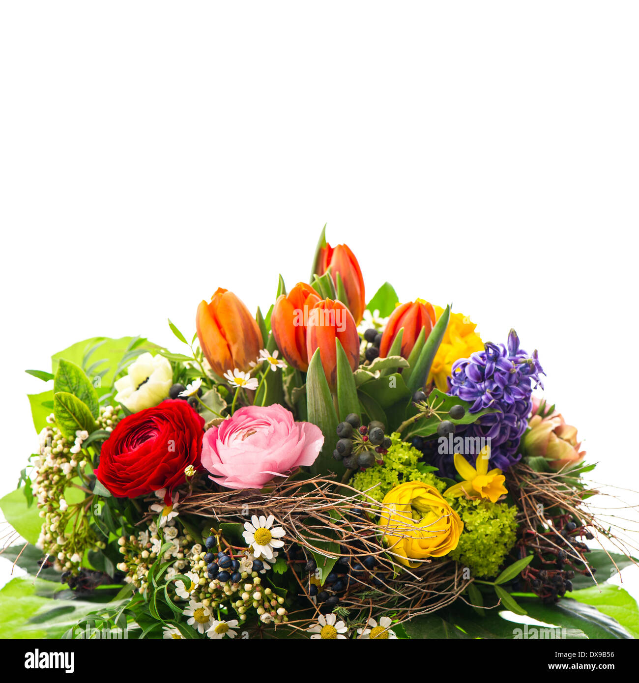 bouquet of colorful spring flowers. tulip, ranunculus, hyacinth, daisy ...