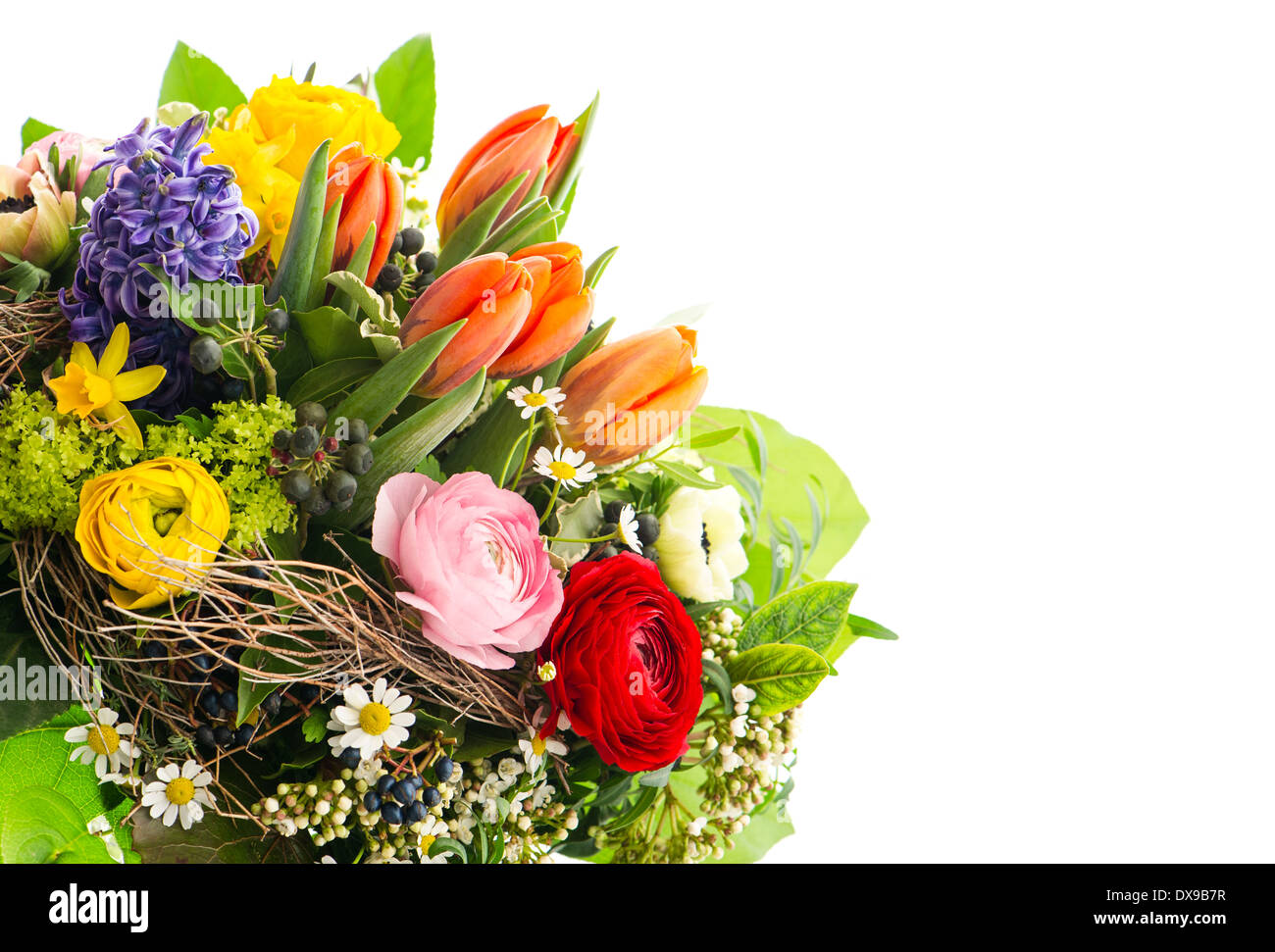 closeup of colorful spring flowers. tulip, ranunculus, hyacinth, daisy ...